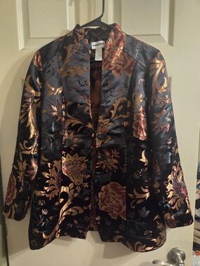Black Floral Brocade Jacket with Metallic Gold Accents